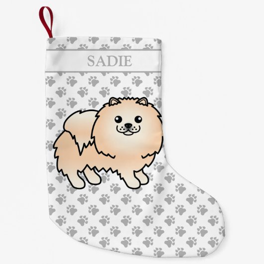 Cream Pomeranian Cute Cartoon Dog & Name Kleine Kerstsok (Voorkant)