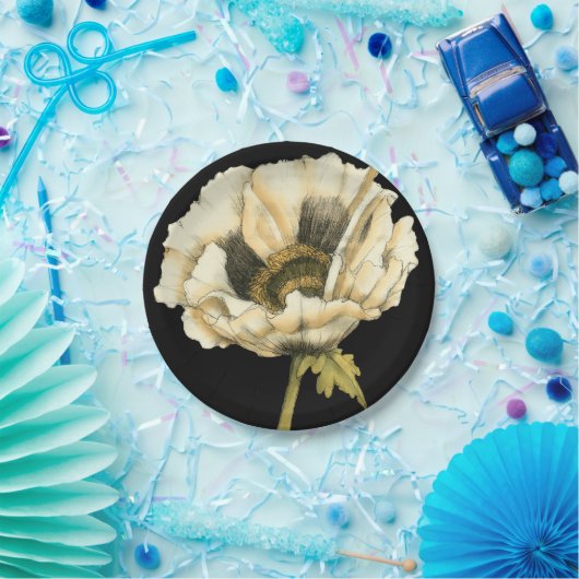Cream Poppy-ventilator op zwarte achtergrond Papieren Bordje (Feest)