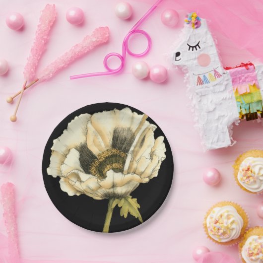 Cream Poppy-ventilator op zwarte achtergrond Papieren Bordje (Feest)
