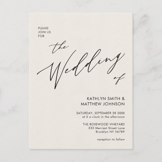 Cream QR-code in één minimalistische bruiloft Uitnodiging Briefkaart (Voorkant)