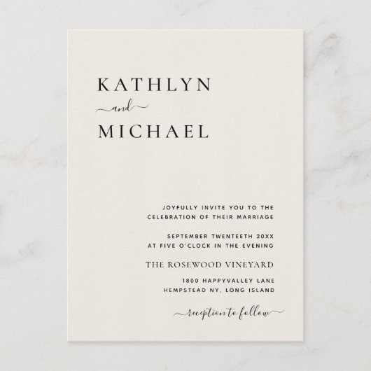 Cream QR-code in één modern minimalistisch huwelij Uitnodiging Briefkaart (Voorkant)