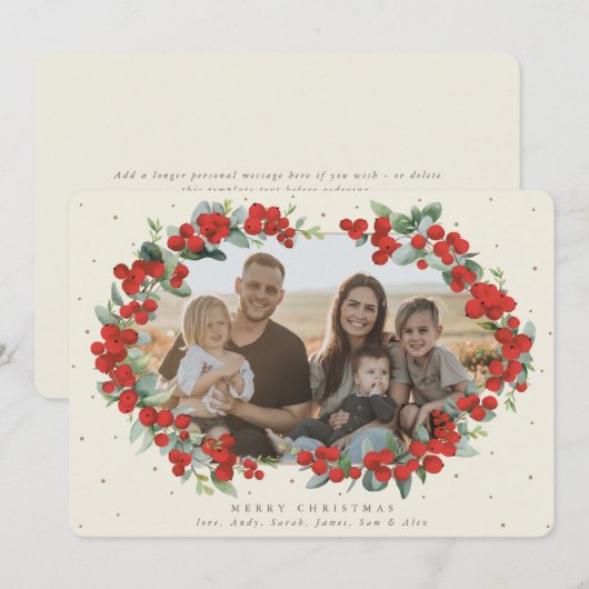 Cream Red Berry + Eucalyptus kerstfoto Feestdagenkaart (Voorkant / Achterkant)