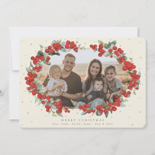 Cream Red Berry + Eucalyptus kerstfoto Feestdagenkaart (Voorkant)