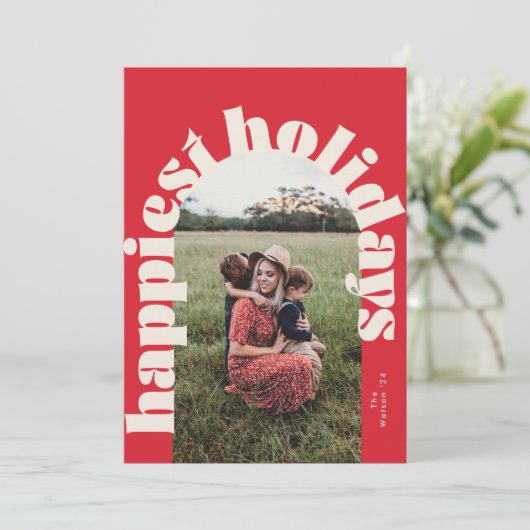Cream Red Bold Typografie Christmas One Foto Feestdagenkaart (Staand voorkant)