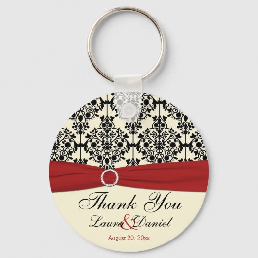 Cream, Red en Black Damask Wedding Favor Sleutelhanger (Voorkant)