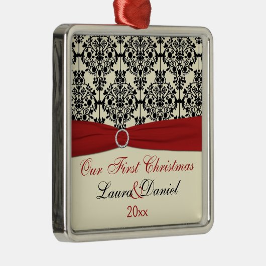 Cream, Red en Black Damask Wedding Keepomwille Metalen Ornament (Rechts)