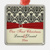 Cream, Red en Black Damask Wedding Keepomwille Metalen Ornament (Voorkant)