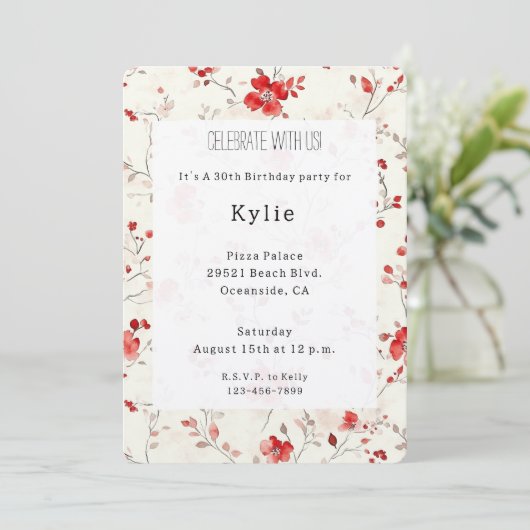 Cream Red Floral Birthday   Kaart (Staand voorkant)