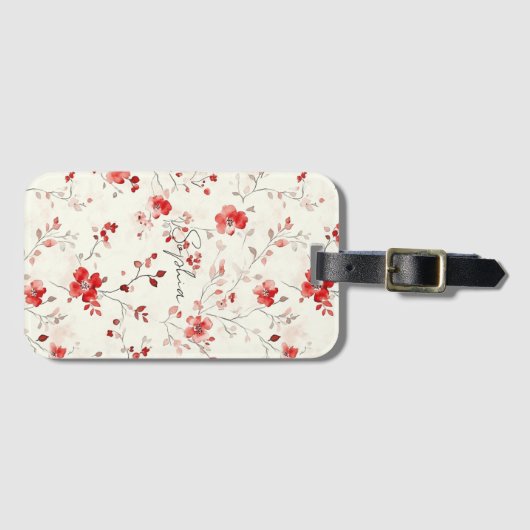 Cream Red Floral Christmas Bagagelabel (Voorkant (horizontaal))