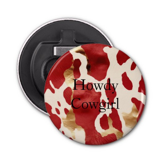 Cream Red Gold Western Koeienhuid Howdy Button Flesopener (Voorkant)