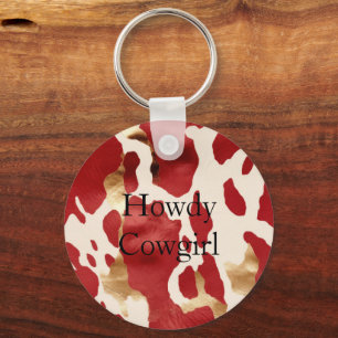Cream Red Gold Western Koeienhuid Howdy Sleutelhanger