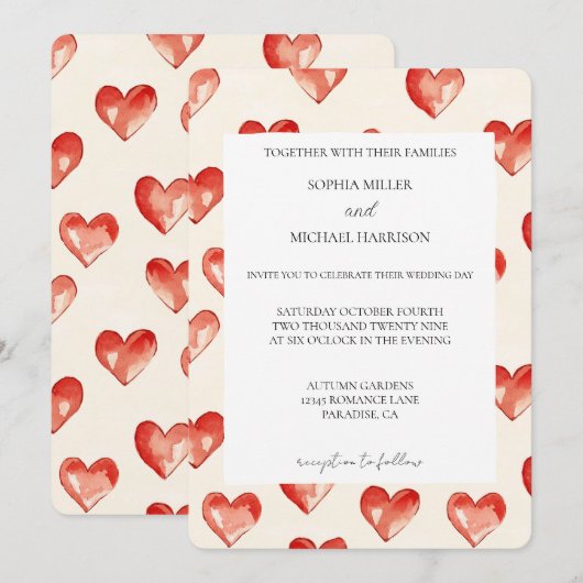 Cream Red Hearts Love Wedding Kaart (Voorkant / Achterkant)