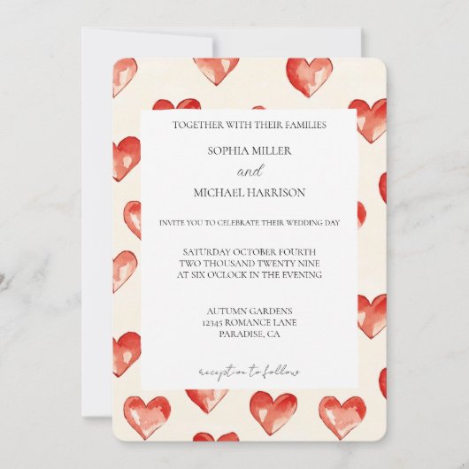 Cream Red Hearts Love Wedding Kaart (Voorkant)