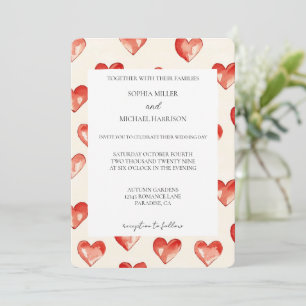 Cream Red Hearts Love Wedding Kaart