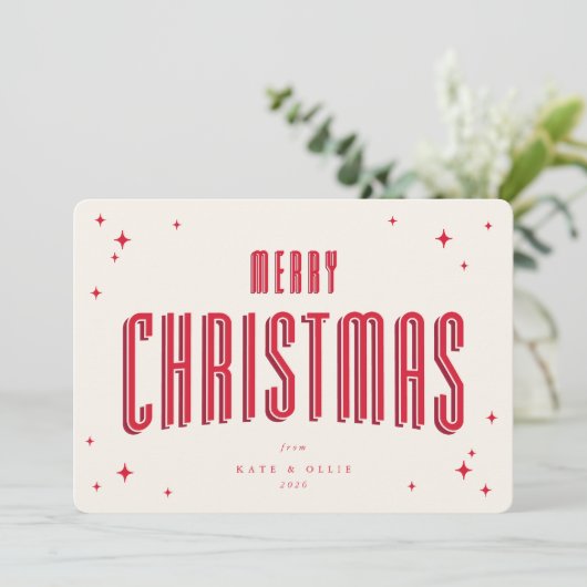 Cream+Red Merry Christmas Retro Sterren Plat Feestdagenkaart (Staand voorkant)