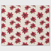 Cream Red Poinsettia Bloemen Kerstmis Cadeaupapier (Vlak)