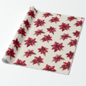 Cream Red Poinsettia Bloemen Kerstmis Cadeaupapier (Uitgerold)
