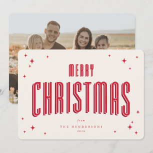 Cream+Red Prettig Kerstfeest Retro Sterren Plat Fo Feestdagenkaart