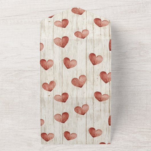 Cream Red Romantic Hearts Wedding All In One Uitnodiging (Buitenkant)