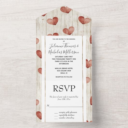 Cream Red Romantic Hearts Wedding All In One Uitnodiging (Binnen)