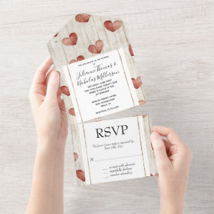 Cream Red Romantic Hearts Wedding All In One Uitnodiging