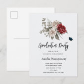 Cream & Red Rose Boho Bloemboeket Afstuderen Uitnodiging Briefkaart (Voorkant / Achterkant)