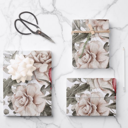 Cream & Red Rose Boho Bloemboeket Inpakpapier Vel (Voorkant)