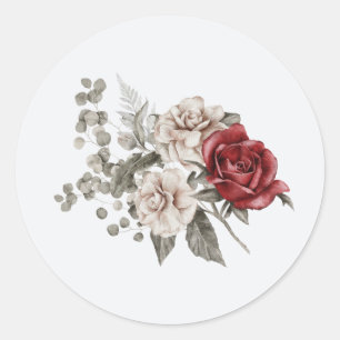 Cream & Red Rose Boho Bloemboeket Ronde Sticker