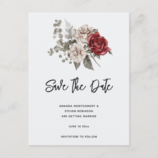 Cream & Red Rose Boho Bloemboeket Uitnodiging Briefkaart (Voorkant)