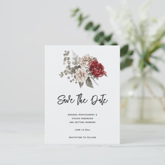 Cream & Red Rose Boho Bloemboeket Uitnodiging Briefkaart (Staand voorkant)