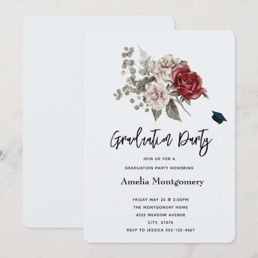 Cream & Red Rose Boho Bloemen Boeket Afstuderen Kaart (Voorkant / Achterkant)