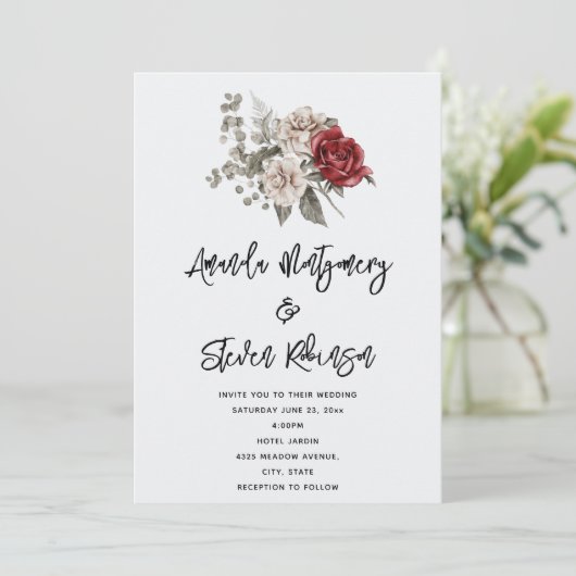 Cream & Red Rose Boho Bloemen Boeket Bruiloft Kaart (Staand voorkant)