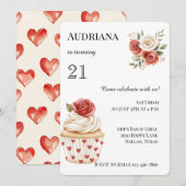 Cream Red Rose Cupcake Hearts Floral Birthday Kaart (Voorkant / Achterkant)