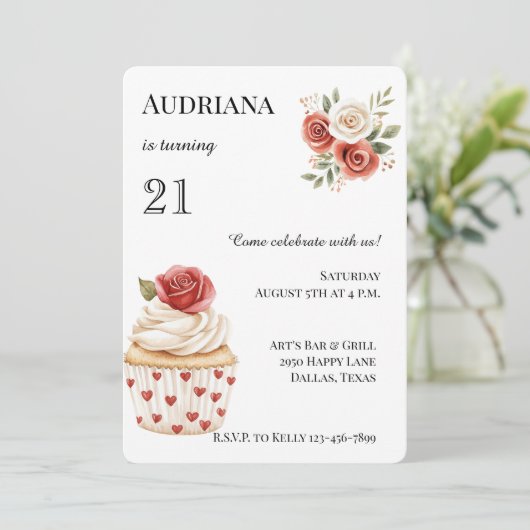 Cream Red Rose Cupcake Hearts Floral Birthday Kaart (Staand voorkant)