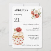 Cream Red Rose Cupcake Hearts Floral Birthday Kaart (Voorkant)