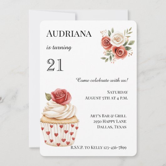 Cream Red Rose Cupcake Hearts Floral Birthday Kaart (Voorkant)