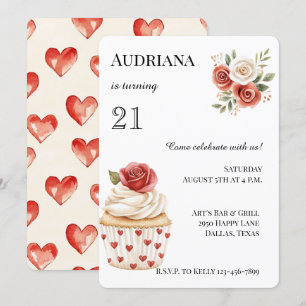 Cream Red Rose Cupcake Hearts Floral Birthday Kaart