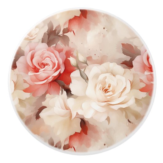 Cream Red Rose Floral Keramische Knop (Voorkant)