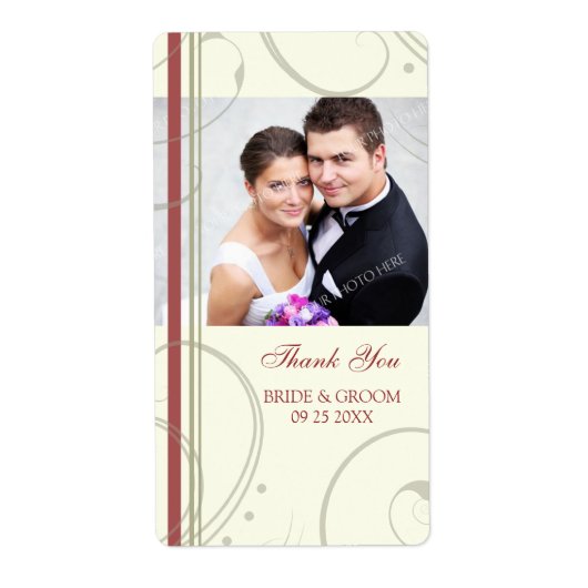 Cream Red Swirls Foto Bruiloft Labels (Voorkant)