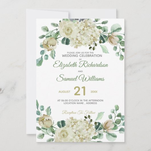 Cream Roos Bud Hydrangea Waterverf Klassieke Kaart (Voorkant)