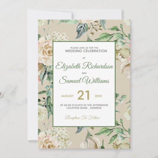 Cream Roos Bud Hydrangea Waterverf Klassieke Kaart (Voorkant)