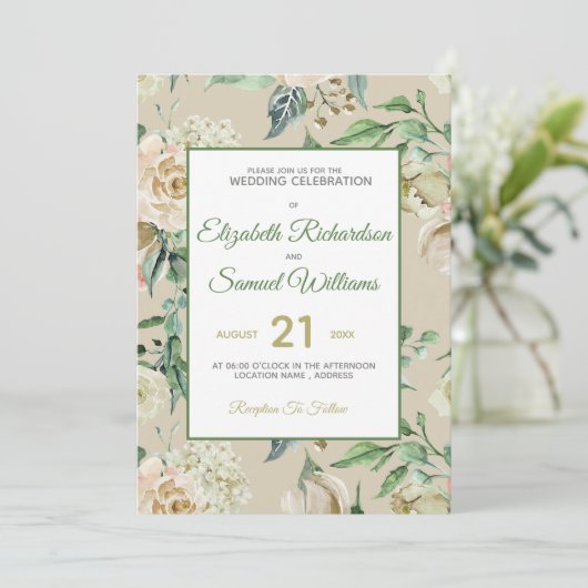 Cream Roos Bud Hydrangea Waterverf Klassieke Kaart (Staand voorkant)