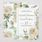 Cream Roos Bud Hydrangea Waterverf Klassieke Kaart (Voorkant / Achterkant)