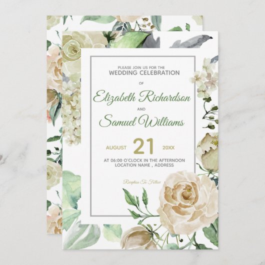 Cream Roos Bud Hydrangea Waterverf Klassieke Kaart (Voorkant / Achterkant)