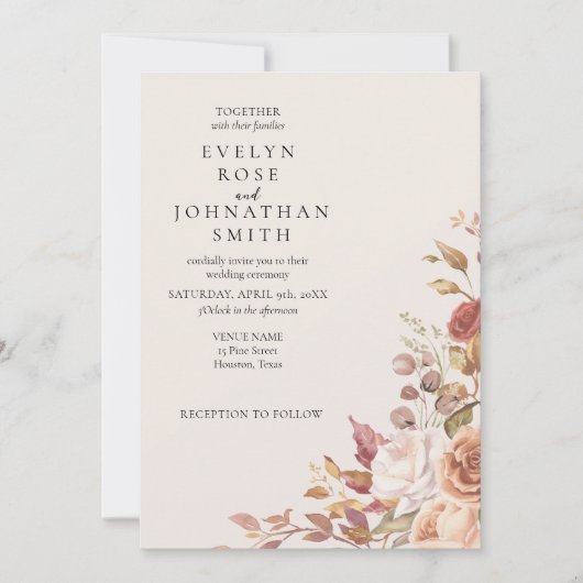 Cream Roos Elegante bruiloft uitnodiging (Voorkant)