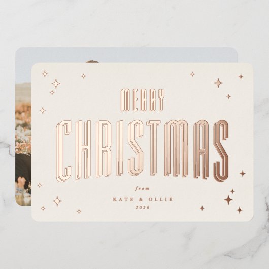 Cream+Roos Gold Vrolijk Kerstfeest Retro Sterren F Folie Feestdagenkaart (Voorkant / Achterkant)