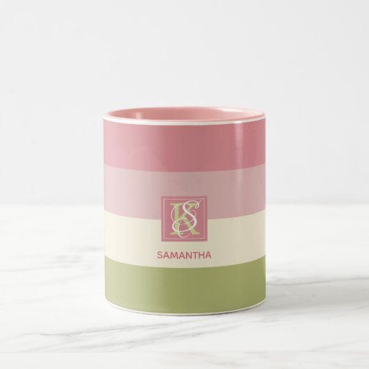 Cream Roos Green Color Palette Stripes Monogram Tweekleurige Koffiemok (Center)