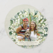 Cream Round Snowberry+Eucalyptus kerstmis Feestdagenkaart (Voorkant / Achterkant)