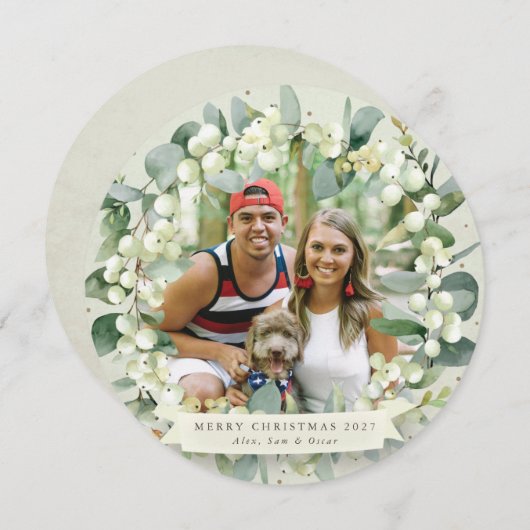 Cream Round Snowberry+Eucalyptus kerstmis Feestdagenkaart (Voorkant / Achterkant)