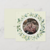 Cream Round/Square Snowberry+Eucalyptus Photo Feestdagenkaart (Voorkant / Achterkant)